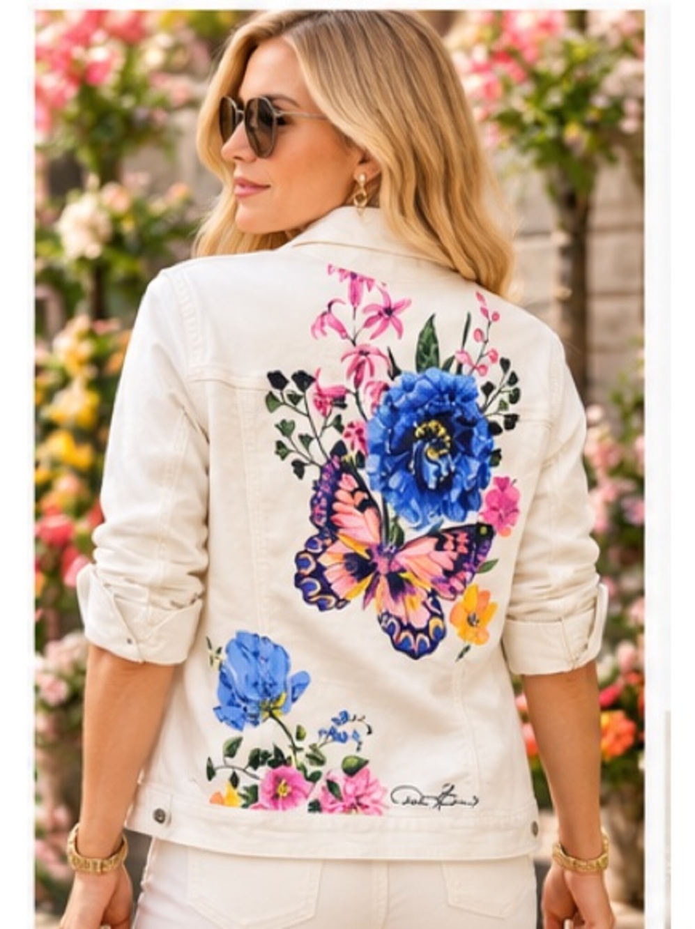 DG2 Diane Gilman Floral Butterfly White Denim Jacket Size Medium